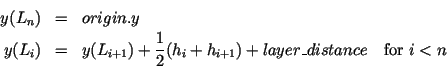 \begin{eqnarray*}
y(L_n) & = & \HTML{I}{origin}.\HTML{I}{y}\\
y(L_i) & = & y(L_...
...}{2}(h_i+h_{i+1}) + \HTML{I}{layer\_distance}\quad\mbox{for }i<n
\end{eqnarray*}
