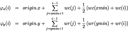 \begin{eqnarray*}
\varphi_x(i) & = & \HTML{I}{origin}.\HTML{I}{x} + \sum\limits_...
...c{1}{2}\left(\HTML{I}{wr}(\HTML{I}{ymin})+\HTML{I}{wr}(i)\right)
\end{eqnarray*}